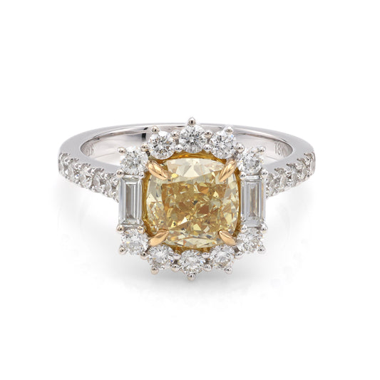 ADIRNYC JEWELRY Halo Side Stone Natural Diamond Complete Engagement Ring in 18 Karat White Gold with 1 Cushion Diamond, Color: Yellow, Clarity: SI2, totaling 2.01ctw