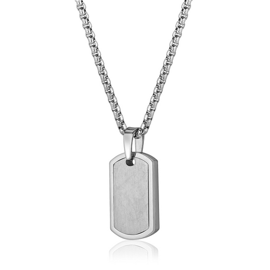 Stainless steel pendant on box chain necklace.