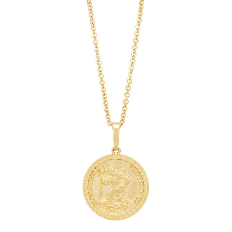 14K yellow gold necklace with round pendant.