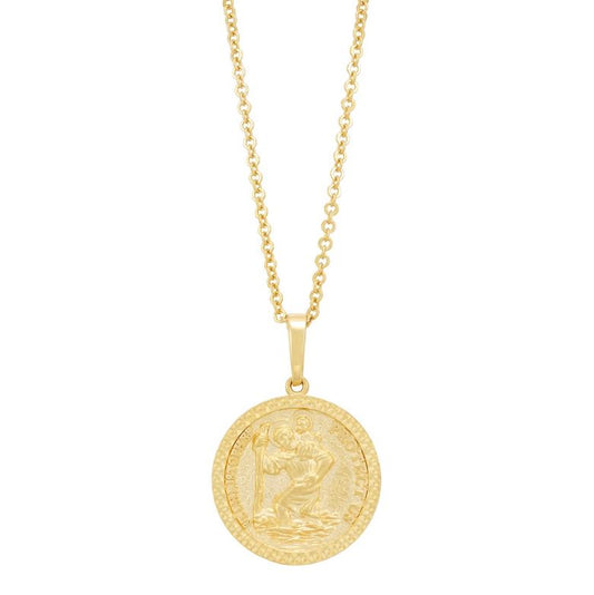 14K yellow gold necklace with round pendant.