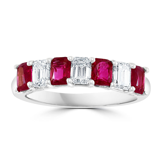 Emerald rubies and diamonds in white gold band.