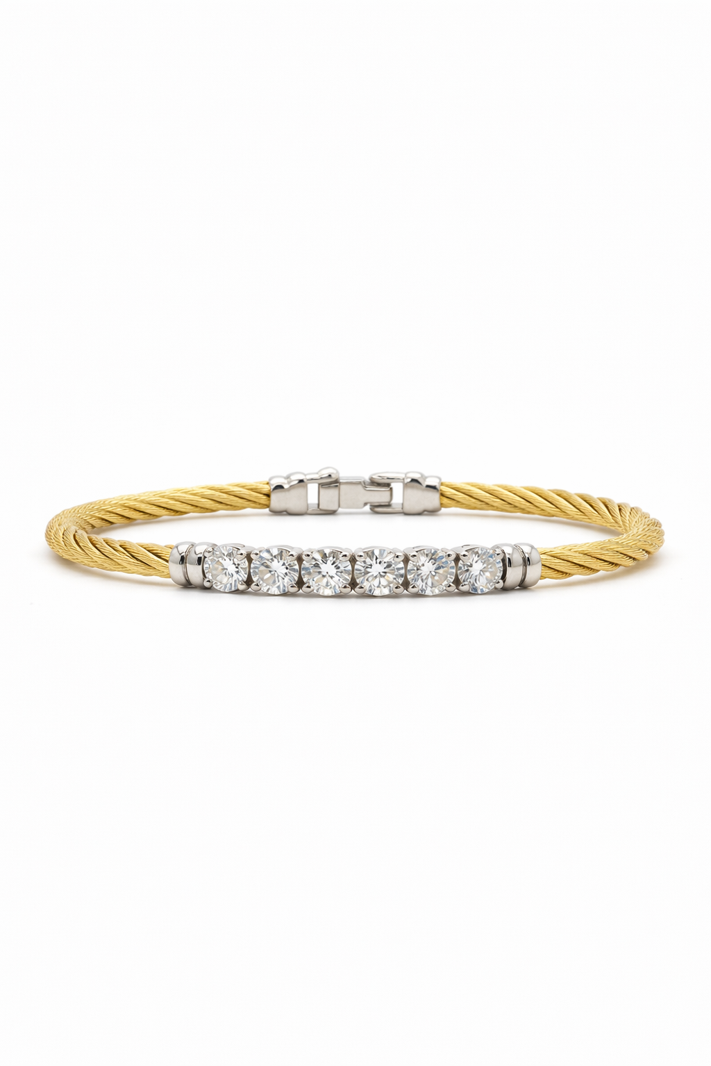 Lab-grown diamond bangle, yellow-white stainless steel.