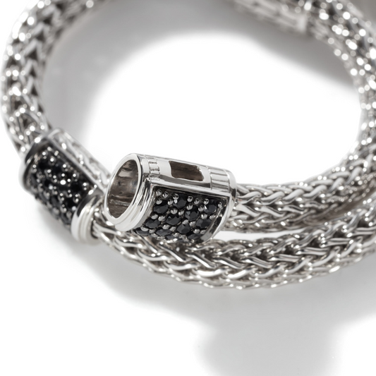 Fancy Link Color Gemstone Bracelet in Sterling Silver White with 8 Round Black Sapphires