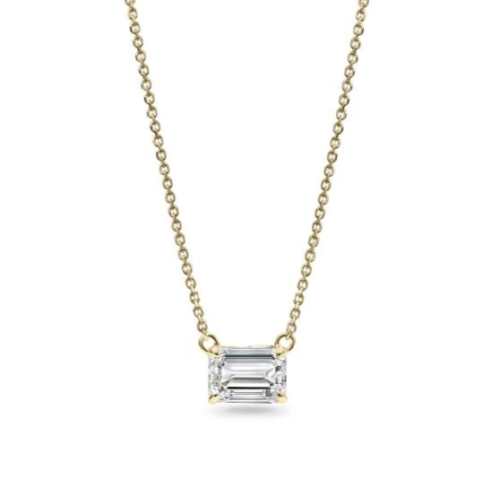 Emerald-cut diamond on white gold chain.