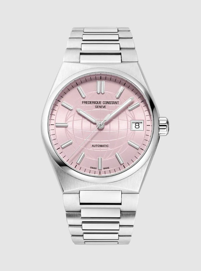 Stainless steel watch with pink dial.