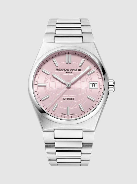 Stainless steel watch with pink dial.