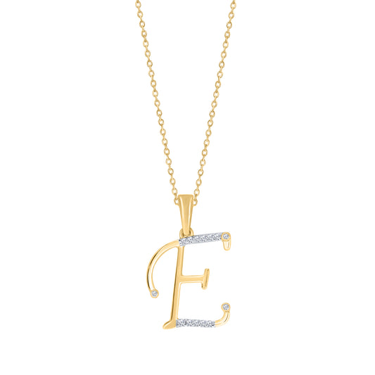 Gold necklace with diamond-accented "E" pendant.