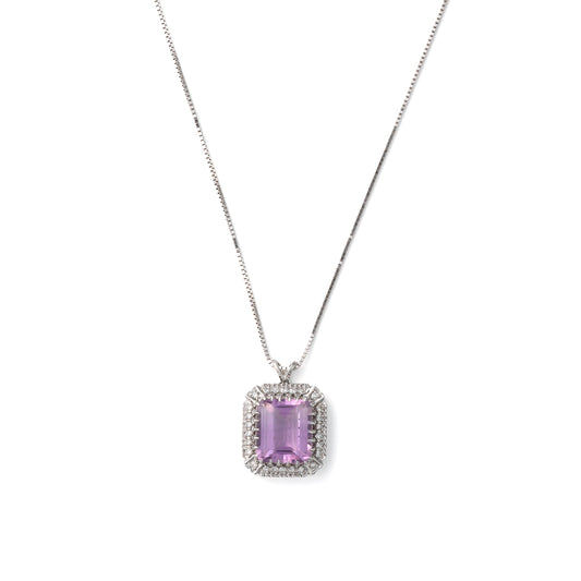Emerald-cut amethyst pendant with diamond halo.
