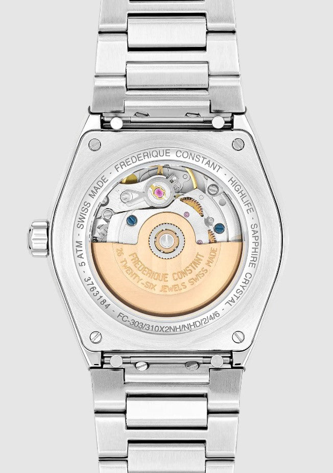 Stainless steel watch with visible automatic movement.