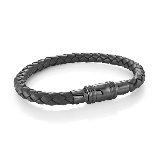 Braid Bracelet (No Stones) in Stainless Steel - Leather Black