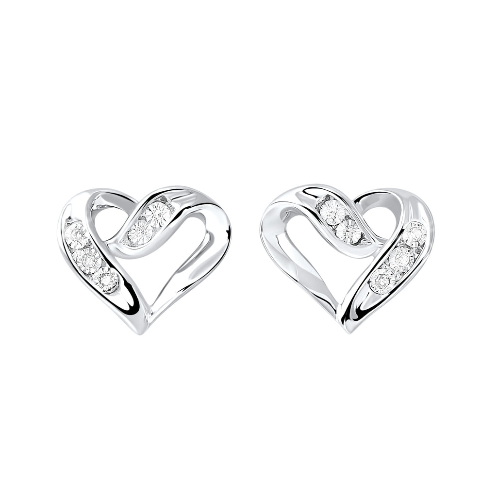 Heart-shaped sterling silver earrings with diamonds.