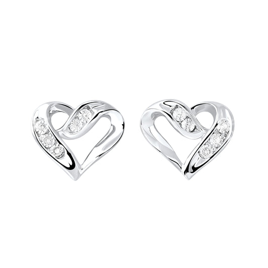 Heart-shaped sterling silver earrings with diamonds.