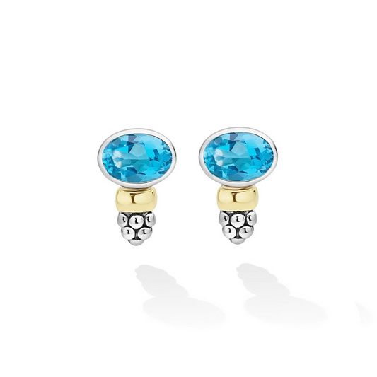 Lagos Signature Caviar Collection Stud Color Gemstone Earrings in Sterling Silver - 14 Karat White - Yellow with 2 Oval Blue Topazes