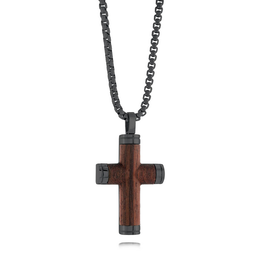Black stainless steel cross necklace, wood accents.