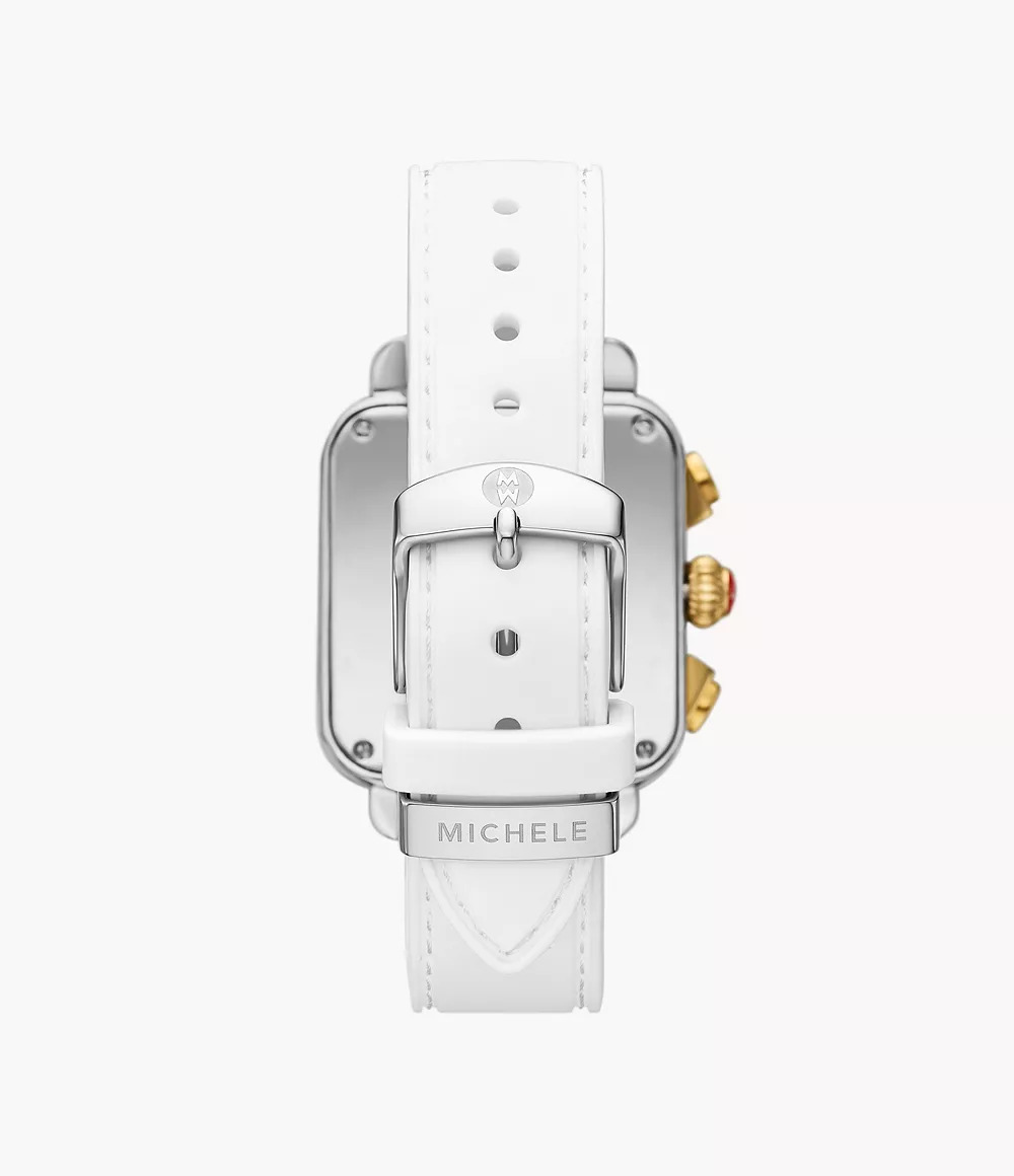 White silicone strap, stainless steel buckle.