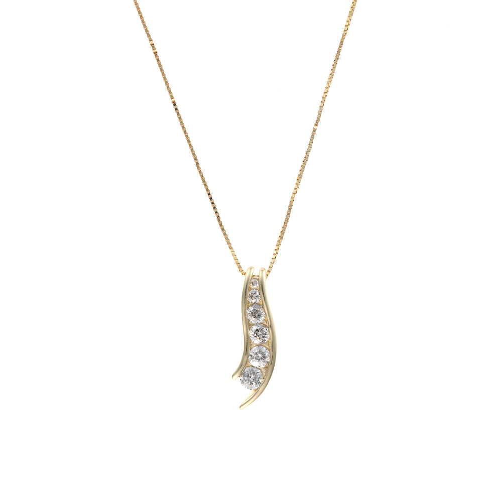 Gold necklace with curved diamond pendant.