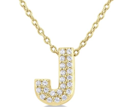 Gold initial necklace with round diamonds.
