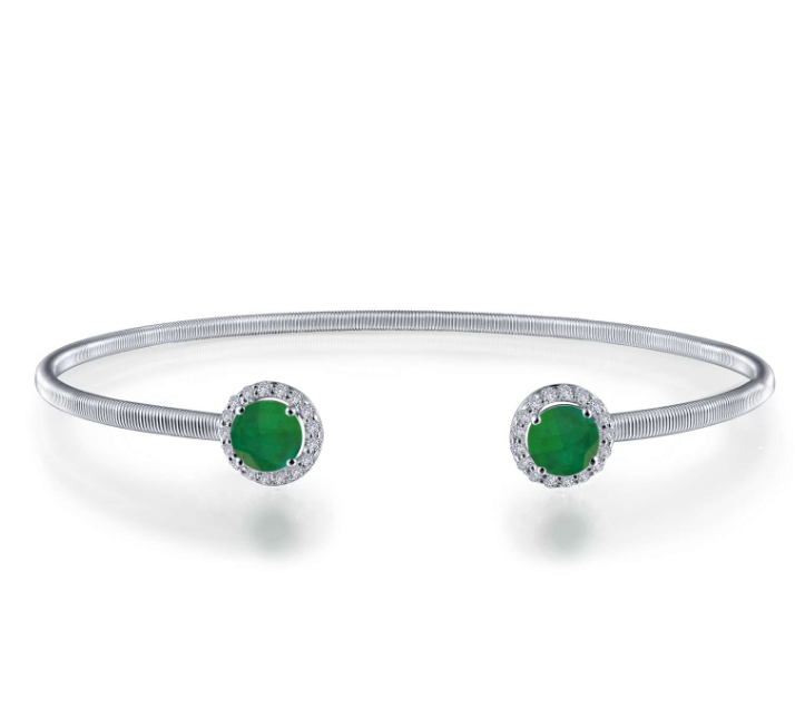Bangle Color Gemstone Bracelet in Platinum Bonded Sterling Silver White with 2 Round Simulated Emeralds