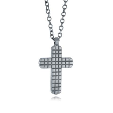 Stainless steel cross necklace, grid pattern.