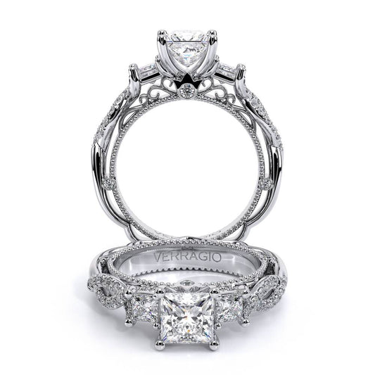 Hidden Accent Three Stone Natural Diamond Semi-Mount Engagement Ring in 14 Karat White with 2 Princess Diamonds, Color: G/H, Clarity: VS1-VS2, totaling 0.32ctw