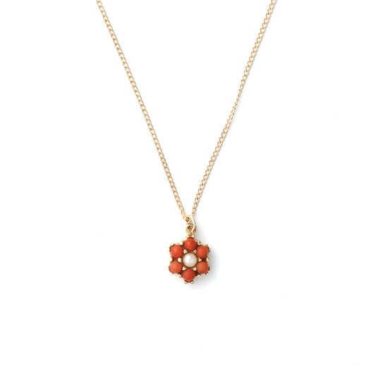 14K gold necklace with pearl, coral pendant.