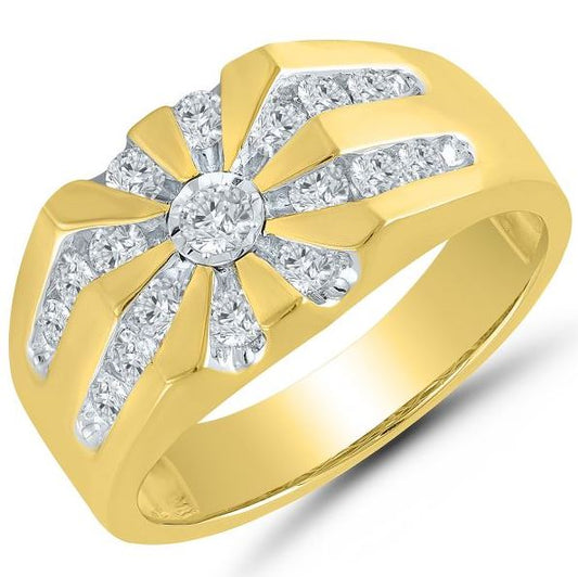 Yellow gold ring with round diamond accents.