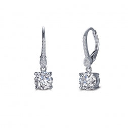 Platinum dangle earrings with simulated diamonds.