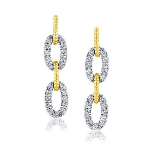 Diamond oval-link drop earrings, white-yellow gold.