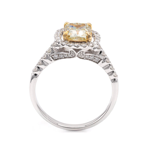 Yerushalmi Brothers Halo Side Stone Natural Diamond Complete Engagement Ring in 18 Karat White Yellow Gold with 1 Cushion Diamond, Color: Z, Clarity: VS2, totaling 1.32ctw
