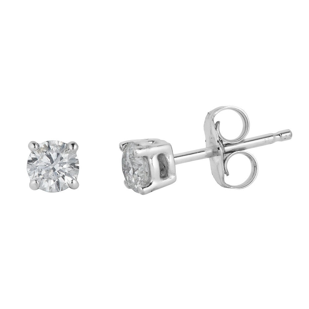 Round diamond studs, 14K white gold.