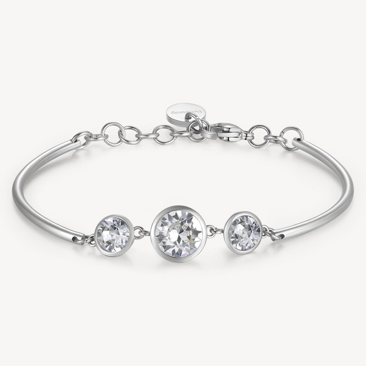 Stainless steel bracelet with three simulated diamonds.