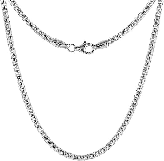 14K white gold round box chain necklace.
