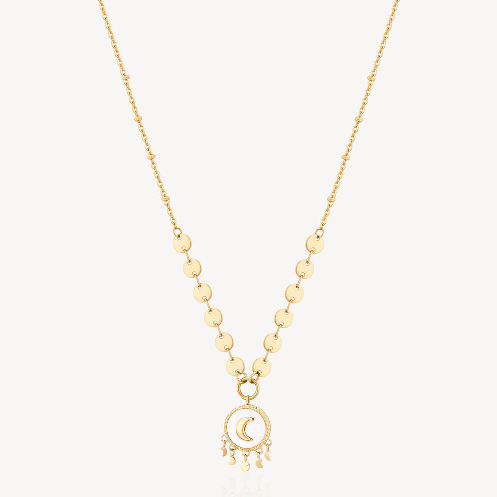 Yellow stainless steel necklace with moon pendant.
