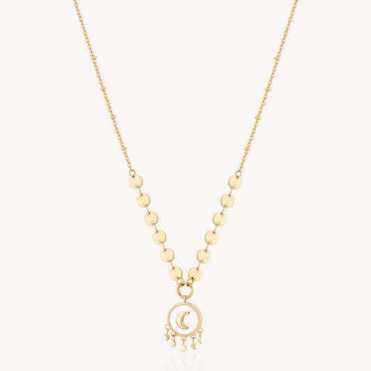 Yellow stainless steel necklace with moon pendant.