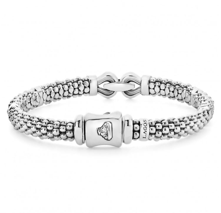Sterling silver caviar rope bracelet, intricate design.