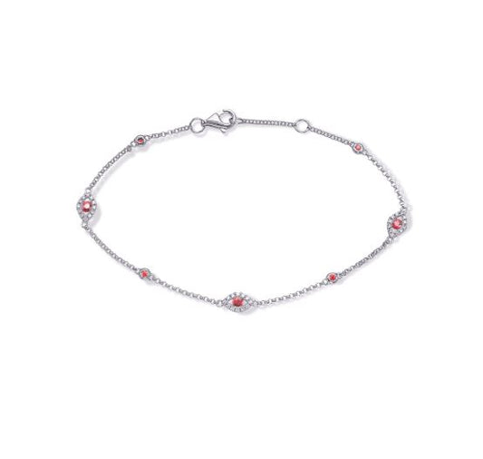 Station Color Gemstone Bracelet in 14 Karat White with 7 Round Rubies 0.30ctw