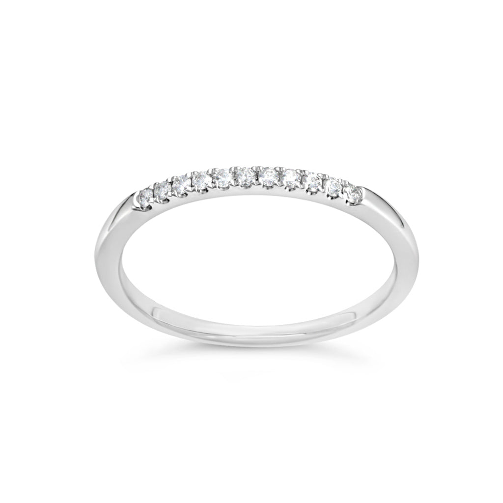 14K white gold band with round diamonds.