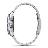 Stainless steel watch with blue dial.