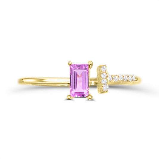 Baguette pink sapphire, diamonds, yellow gold ring.