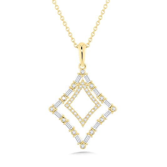 Diamond necklace with geometric gold pendant.