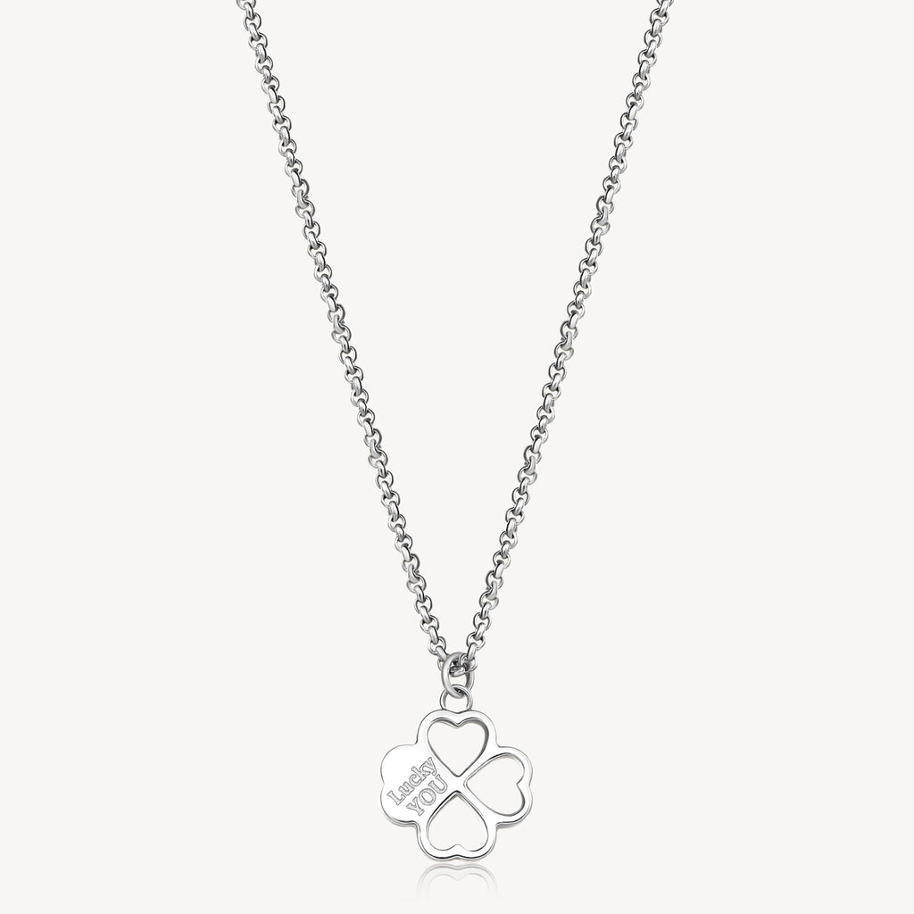Stainless steel clover necklace with heart design.