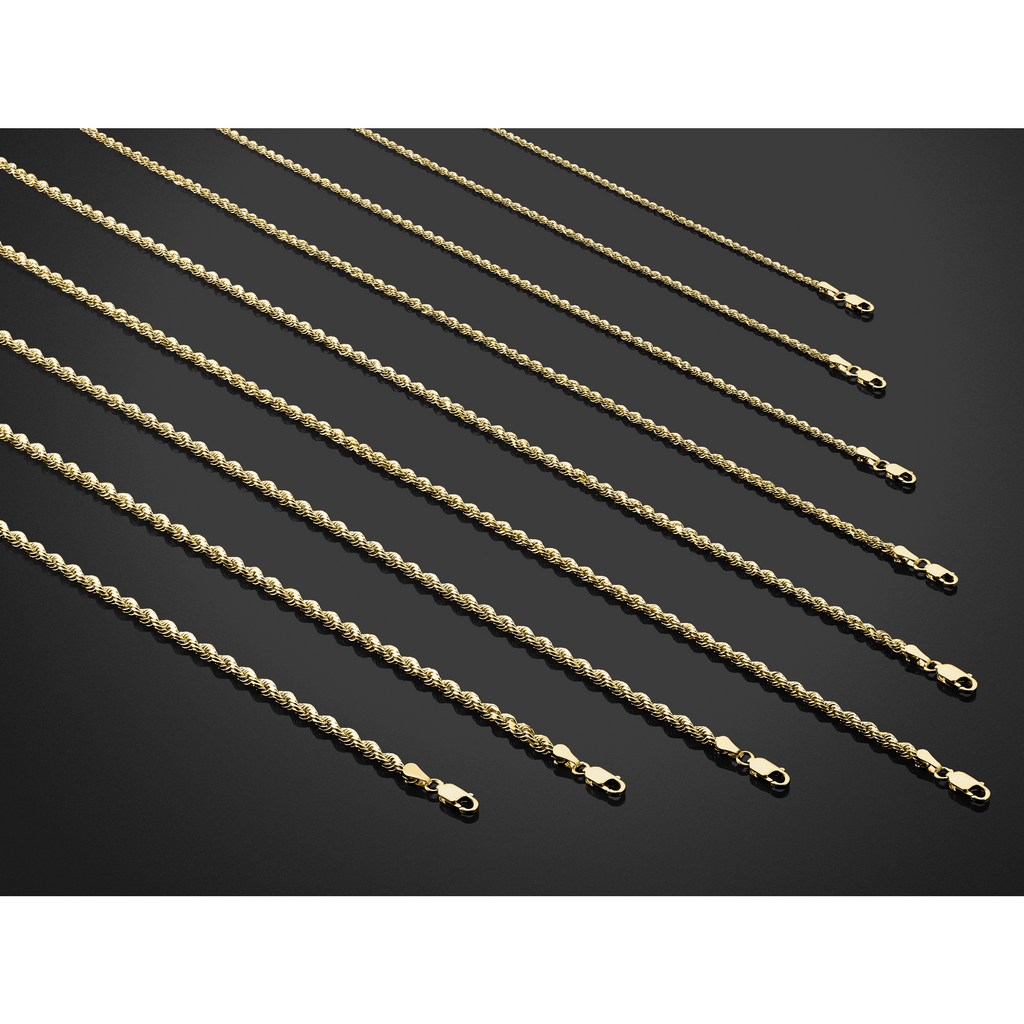 Diamond cut rope chain, 14K yellow gold.