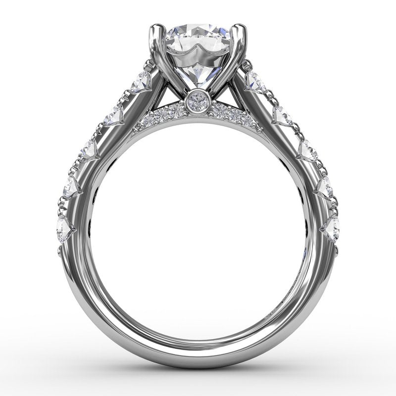 14K white gold diamond engagement ring with hidden sapphire.