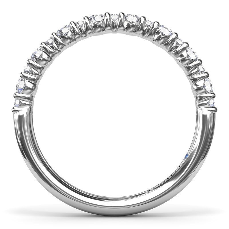 14K white gold band with round diamonds.