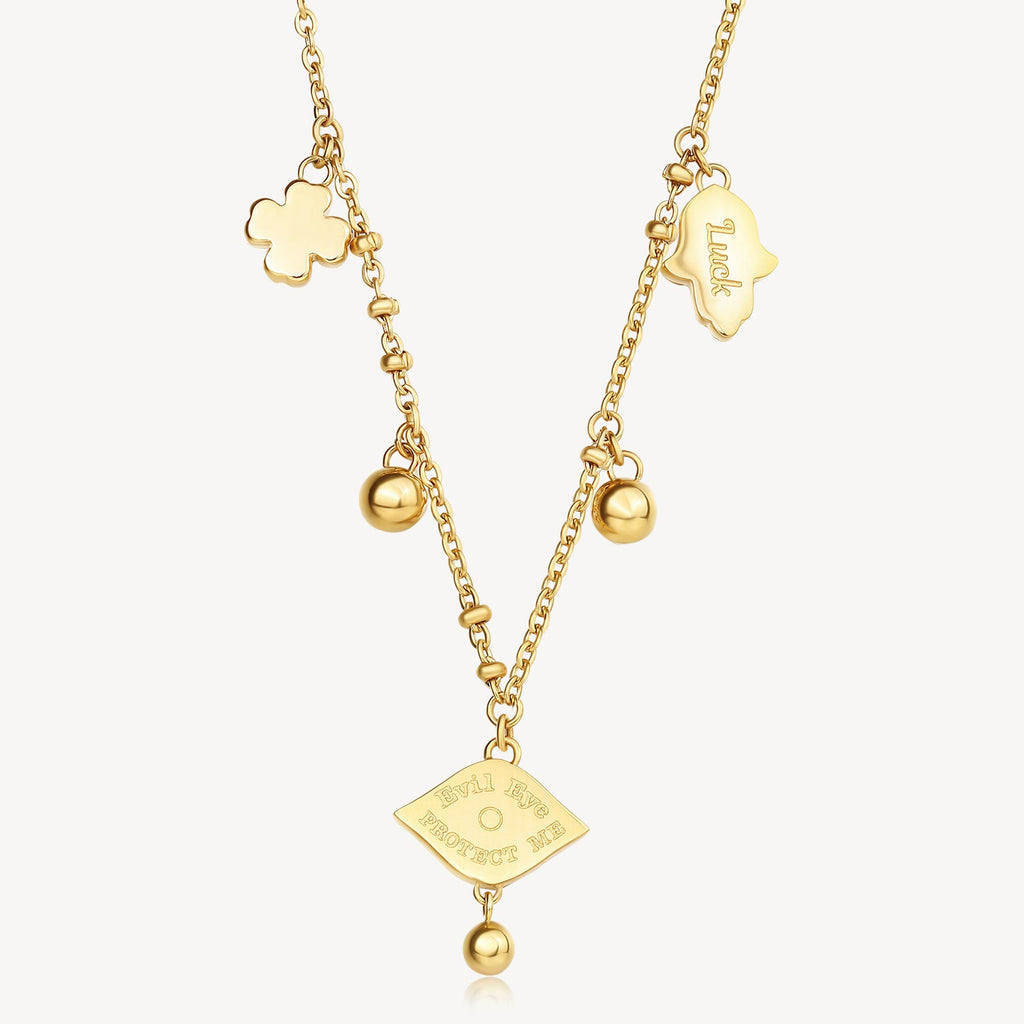 Yellow stainless steel necklace with charms.