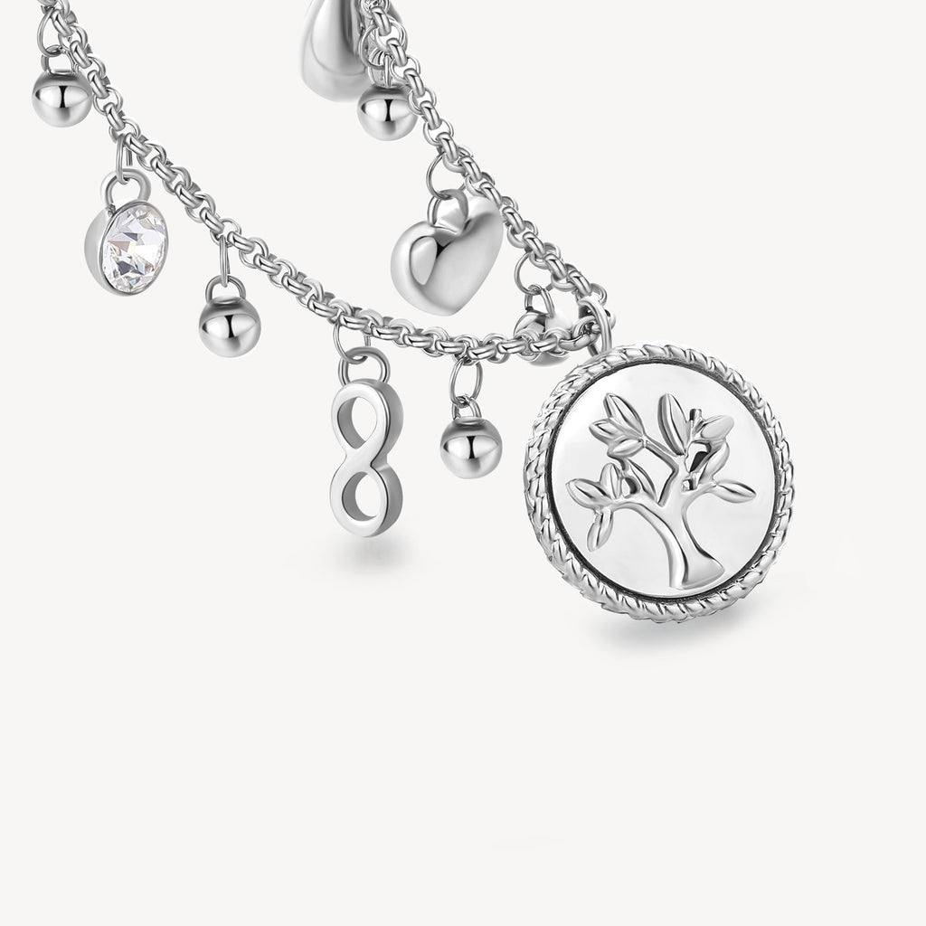 Simulated diamond necklace with charms.