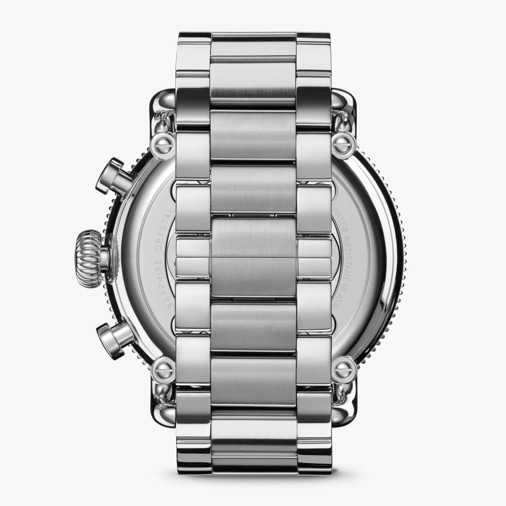 Stainless steel watch with screw-locked crown.