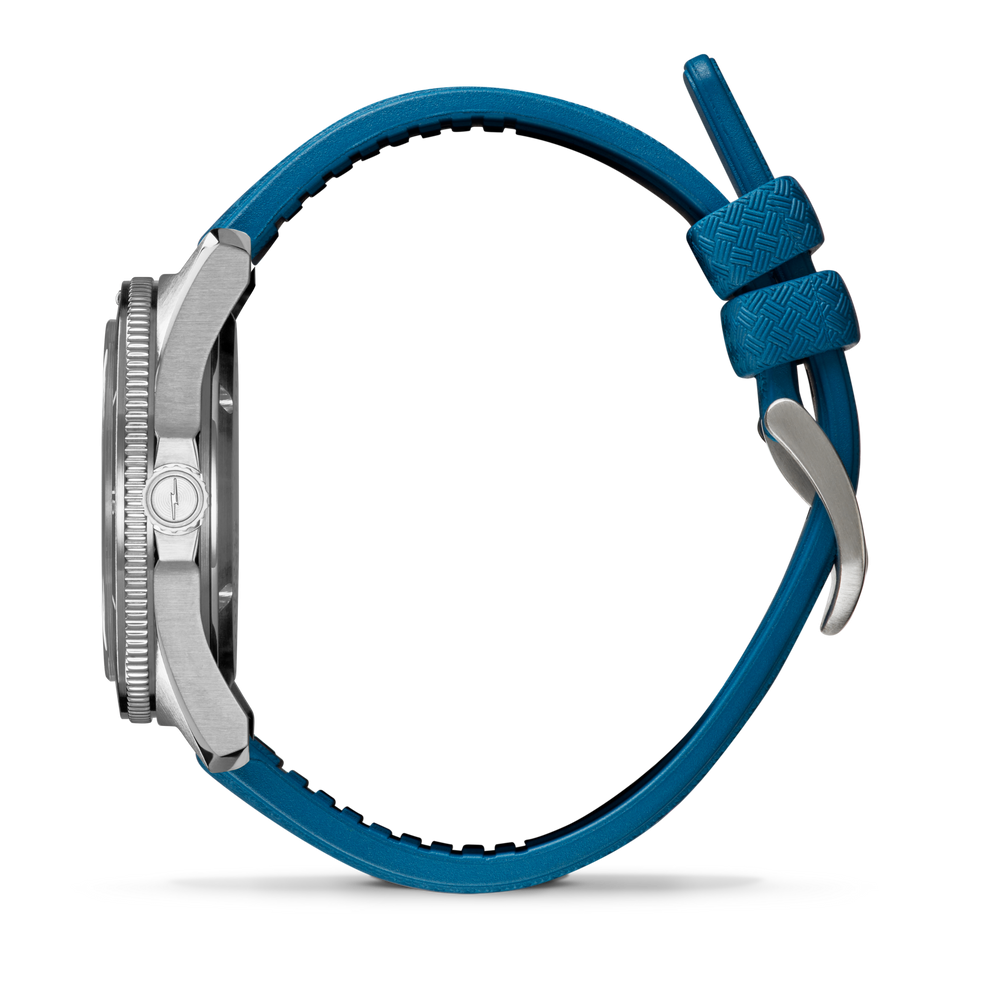 Blue rubber strap, stainless steel case, side view.