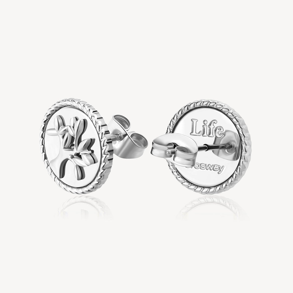 Stainless steel stud earrings with rope edge.