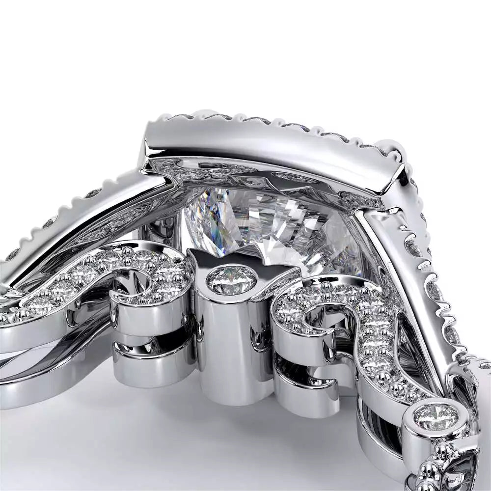18K white gold diamond engagement ring detail.